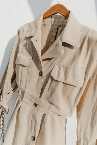 Elegant beige shirt dress hanging on a wooden hanger, showcasing its design against a bright background in natural light