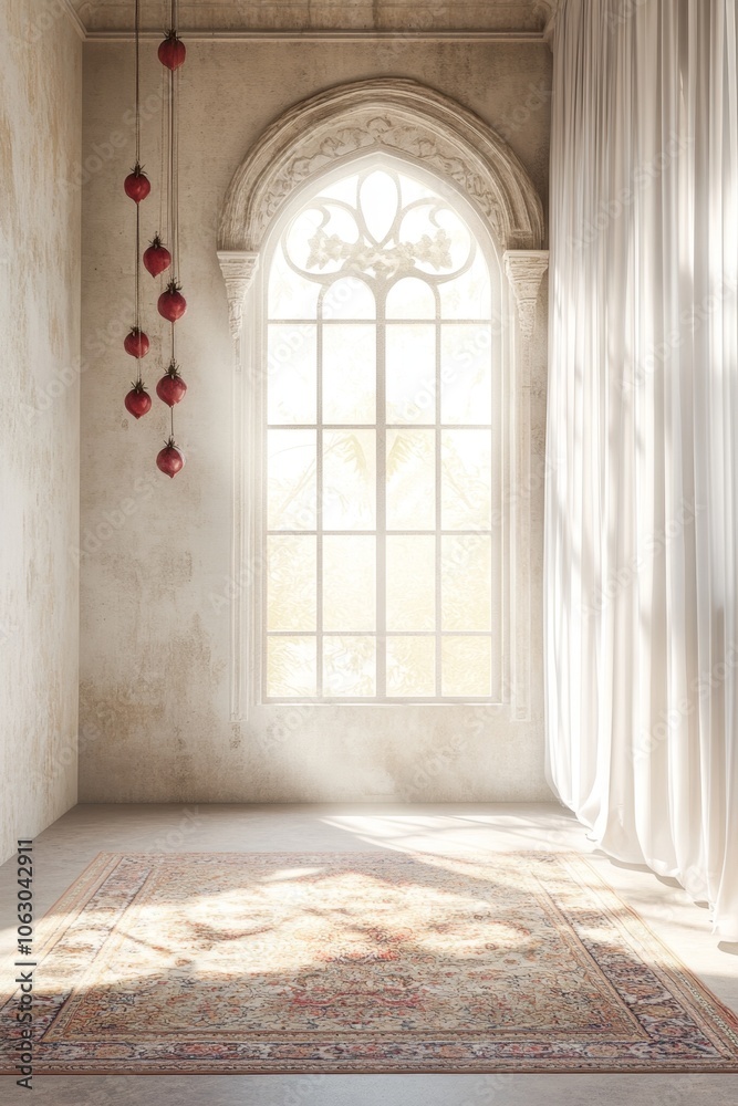 Empty room with large window, ornate rug, and red ornaments hanging from the ceiling. Empty room with large window, ornate rug, and red ornaments hanging from the ceiling.