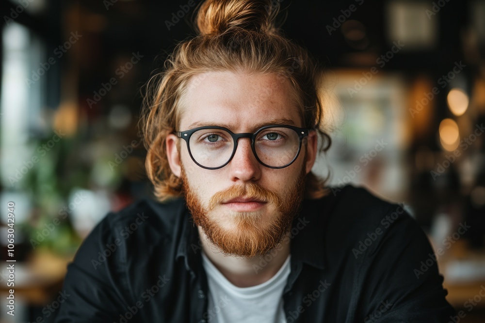Portrait of a man with black glasses, ginger hair in a bun and beard, wearing a black shirt Portrait of a man with black glasses, ginger hair in a bun and beard, wearing a black shirt