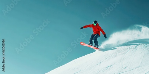 Snowboarder in red jacket gliding down snowy slope against a clear blue sky.