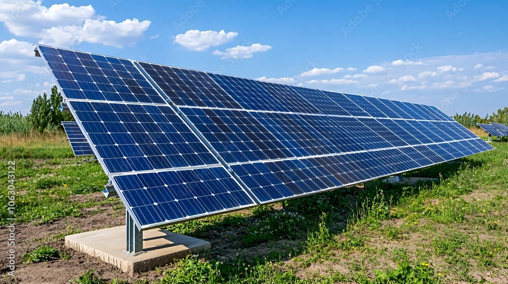 Solar panels installed on a field, capturing the energy of the sun. Solar panels installed on a field, capturing the energy of the sun.