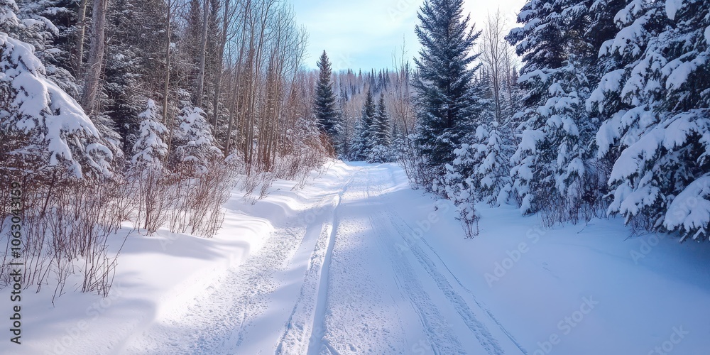 Obraz premium Snowy winter trail surrounded by tall evergreen trees under a clear blue sky.