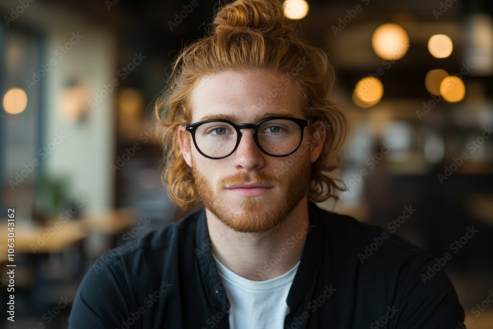 Portrait of a man with black glasses, ginger hair in a bun and beard, wearing a black shirt Portrait of a man with black glasses, ginger hair in a bun and beard, wearing a black shirt