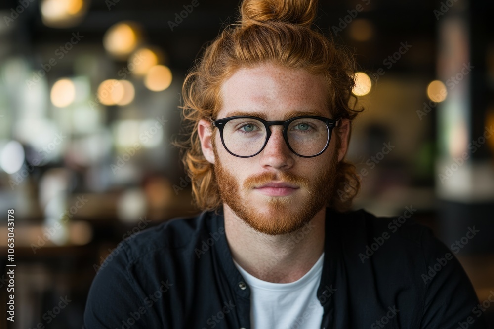 Portrait of a man with black glasses, ginger hair in a bun and beard, wearing a black shirt Portrait of a man with black glasses, ginger hair in a bun and beard, wearing a black shirt