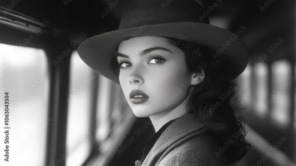 A woman in a hat looks out of a train window, her gaze intense.