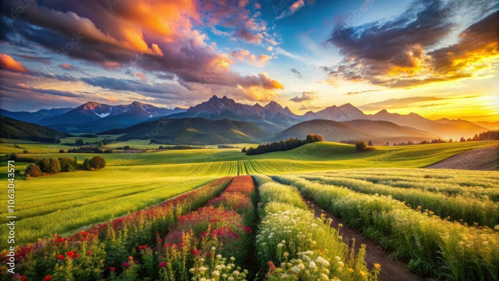 Obraz premium Stunning Agriculture Landscape with Rolling Green Fields, Distant Mountains, and Vibrant Skies - Perfect for Nature Lovers, Travel Enthusiasts, and Agriculture Aficionados