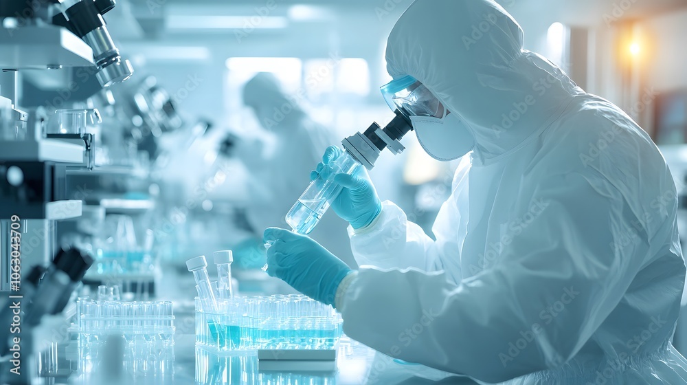 Scientist in Protective Gear Examining Liquid in Test Tubes Scientist in Protective Gear Examining Liquid in Test Tubes