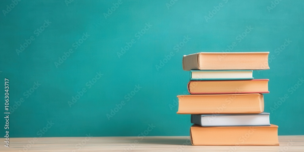 Stack of colorful books on a wooden table against a teal background. Stack of colorful books on a wooden table against a teal background.