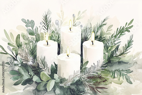 Watercolor style illustration of four Advent white candles surrounded by winter greenery and fir branches with a soft festive atmosphere. photo