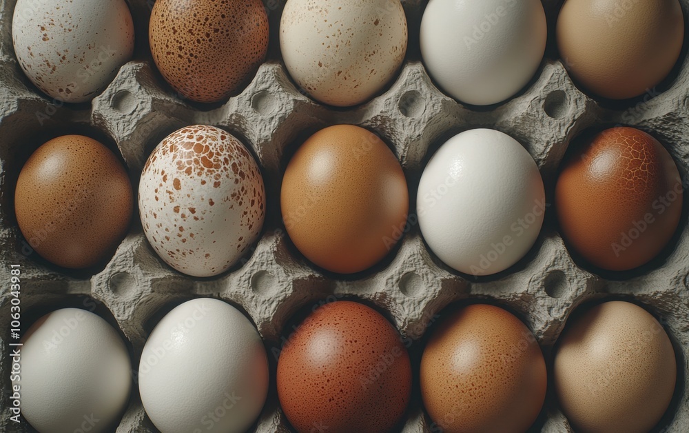 Illustrate a detailed close-up shot of eggs arranged in an egg carton, highlighting the beautiful textures and natural patterns on each egg. Illustrate a detailed close-up shot of eggs arranged in an egg carton, highlighting the beautiful textures and natural patterns on each egg.
