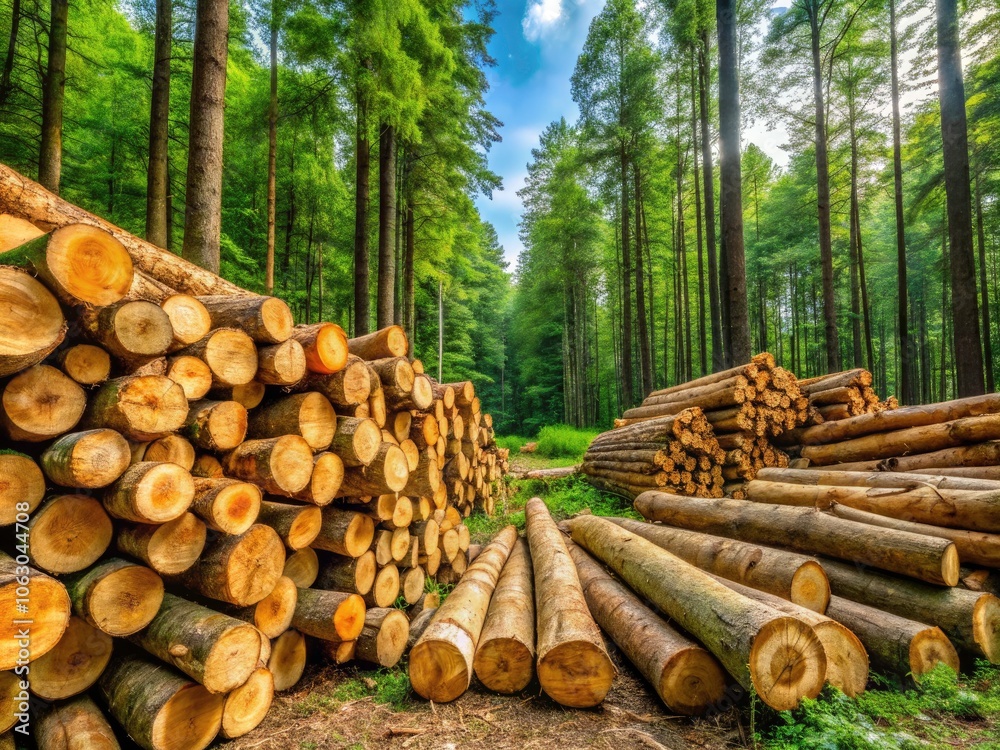 Sustainable Timber Harvesting in a Lush Forest: Neatly Stacked Logs Amidst Evergreen Beauty Sustainable Timber Harvesting in a Lush Forest: Neatly Stacked Logs Amidst Evergreen Beauty