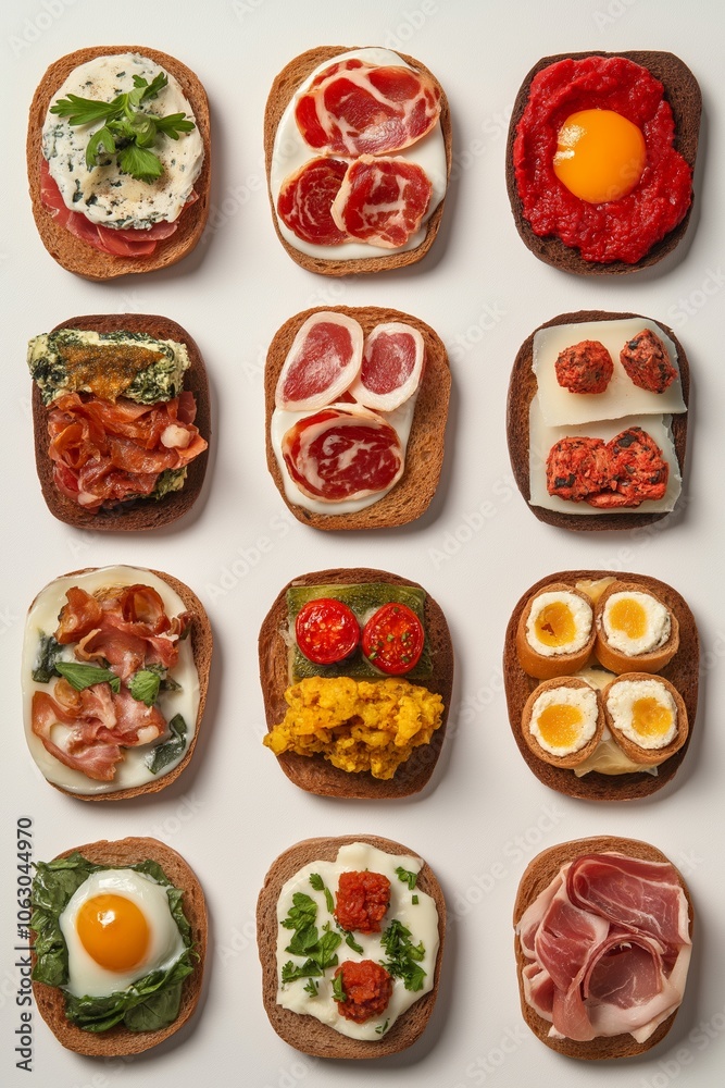Artfully arranged variety of open-faced sandwiches showcasing fresh ingredients on a neutral backdrop Artfully arranged variety of open-faced sandwiches showcasing fresh ingredients on a neutral backdrop