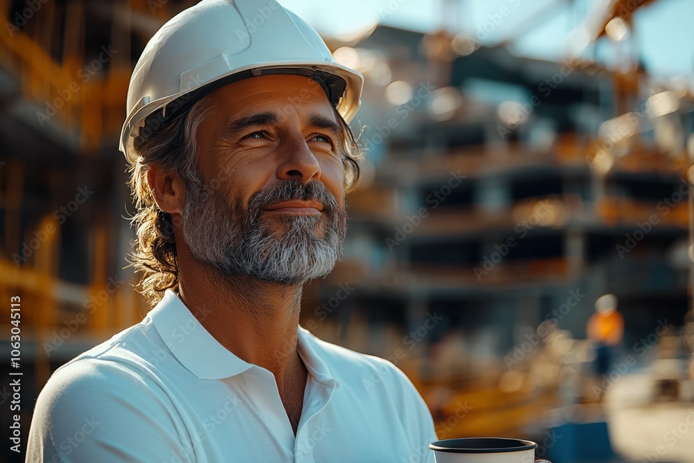Worker in a hard hat holding a coffee cup in an industrial setting. Worker in a hard hat holding a coffee cup in an industrial setting.
