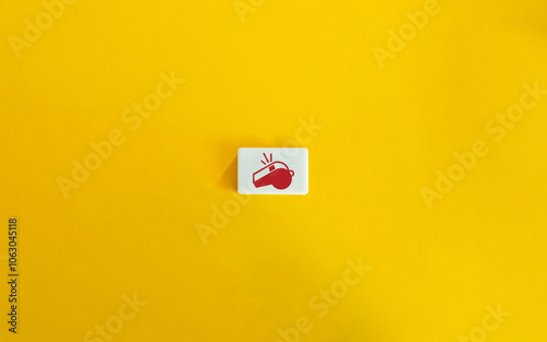 Red Whistle Icon on Block Letter Tile on Yellow Background. Concept of Vigilance, Call to Attention, Authority, Discipline, Control, Signaling, and Non-verbal Communication.