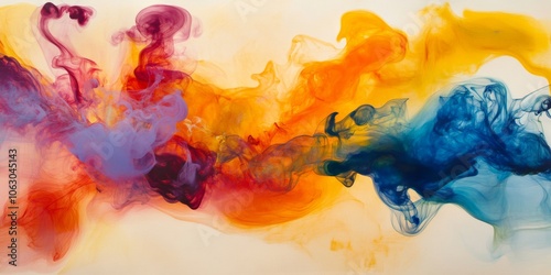 Swirling smoke bursts with vibrant colors, creating a dynamic scene. The colors blend and mix in a lively dance, showing movement and energy.
