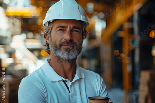 Worker in a hard hat holding a coffee cup in an industrial setting.