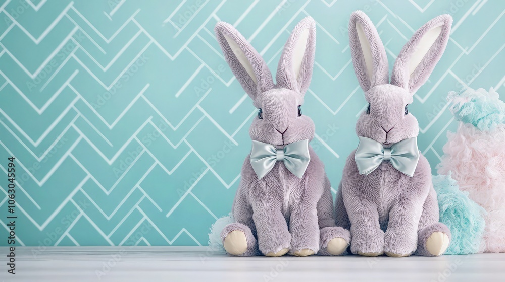 Obraz premium Two plush Easter bunny decorations with matching bow ties stand isolated on a light blue patterned background for seasonal marketing.