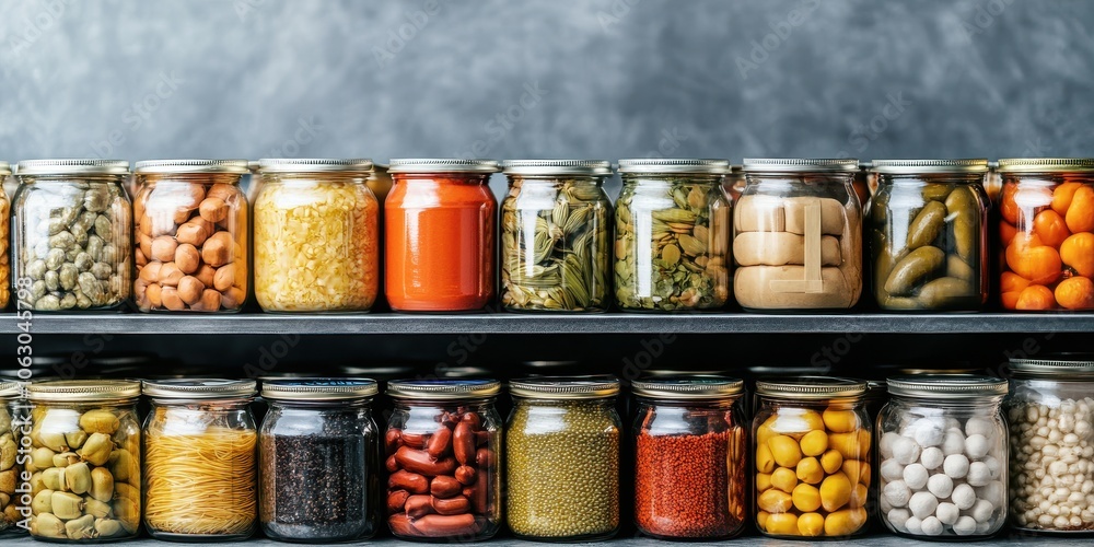 Variety of jars filled with diverse preserved fruits and vegetables on a shelf. Variety of jars filled with diverse preserved fruits and vegetables on a shelf.