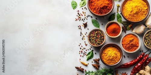 Wallpaper Mural Variety of colorful spices and herbs in bowls on a neutral background. Torontodigital.ca