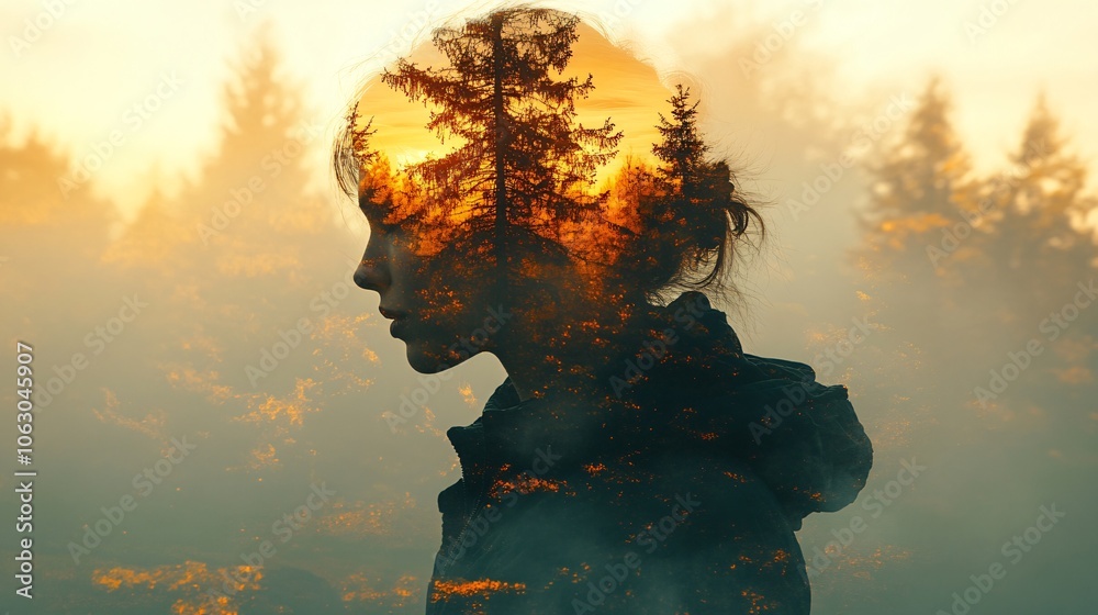 Woman Silhouette with Forest and Sunset Double Exposure Woman Silhouette with Forest and Sunset Double Exposure