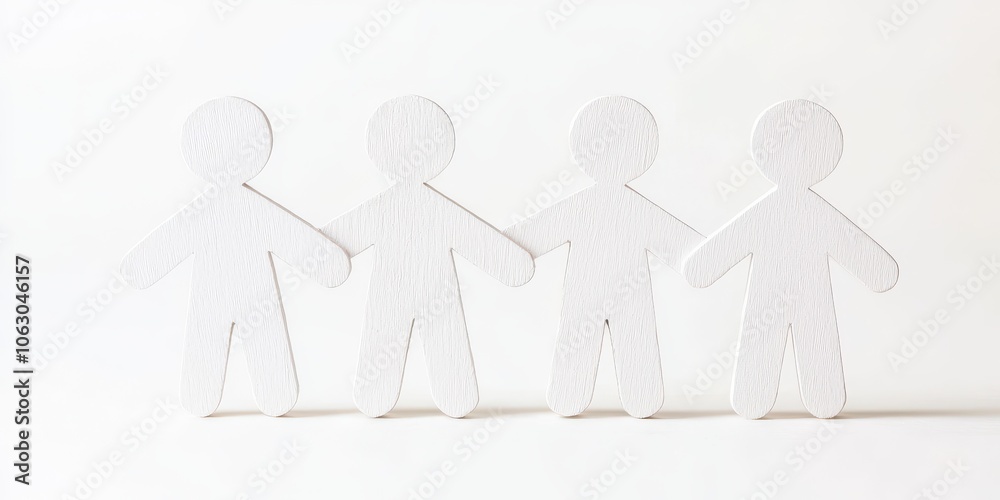 White paper cutouts of people linked together on a white isolated background. White paper cutouts of people linked together on a white isolated background.