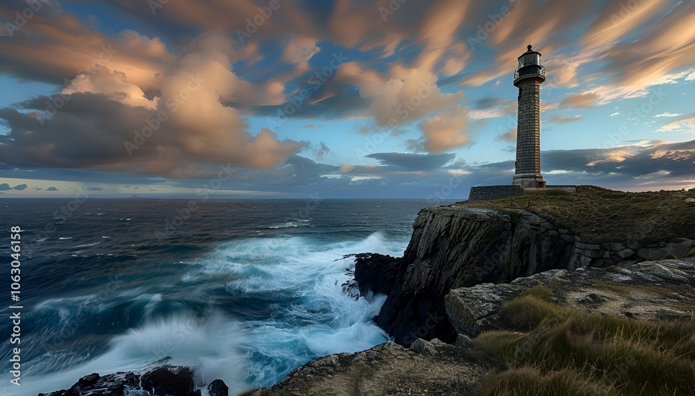 Naklejka premium Dramatic Lighthouse on Rocky Coast Under Stormy Sky 