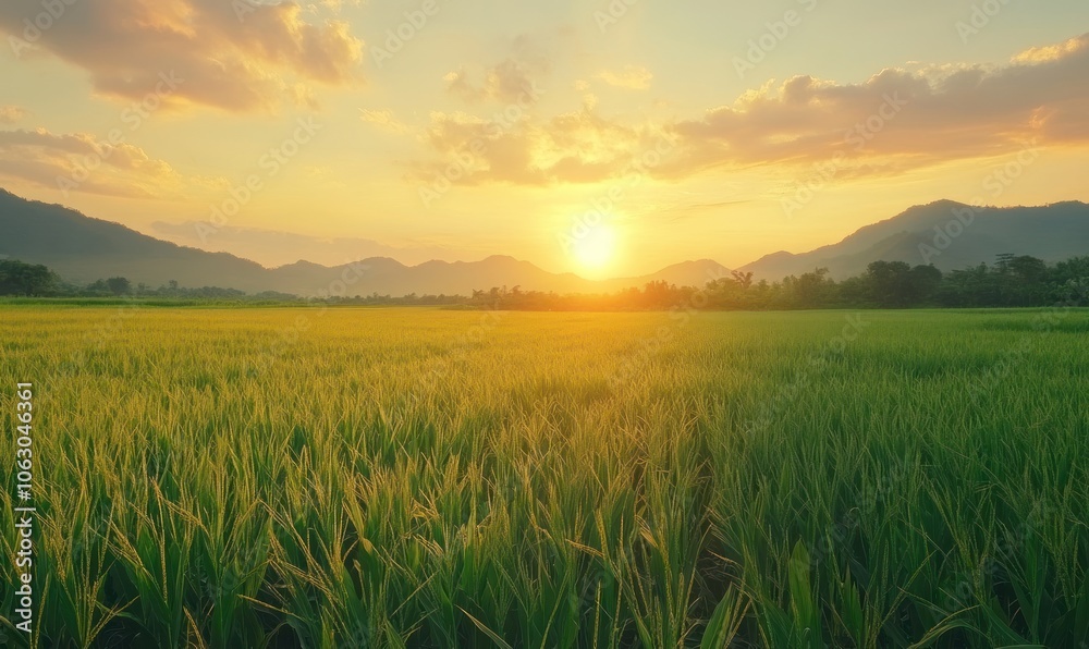 Sunset over rice field with mountains in the background. Nature landscape. Rural agriculture and farming concept. Sunset over rice field with mountains in the background. Nature landscape. Rural agriculture and farming concept.