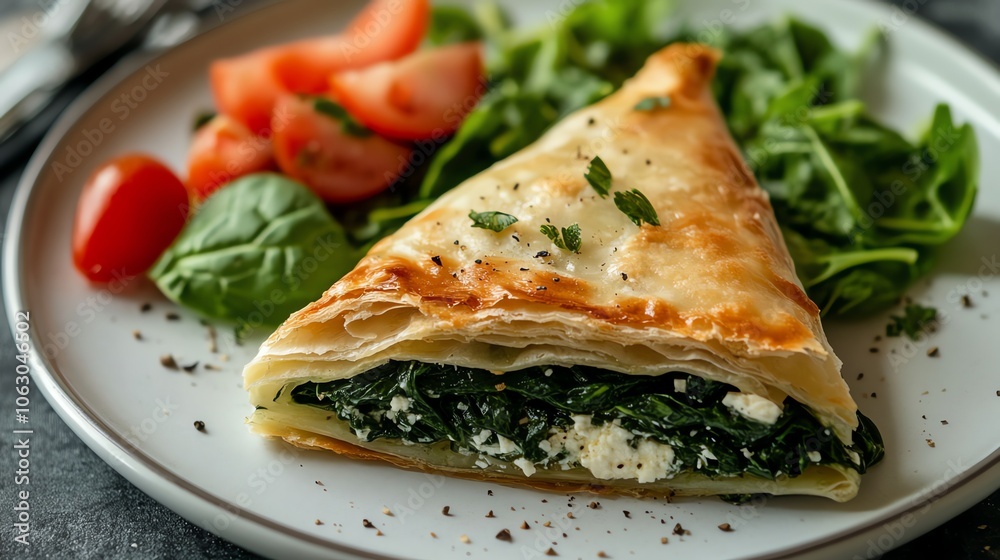A slice of spinach and feta cheese pie. A slice of spinach and feta cheese pie.