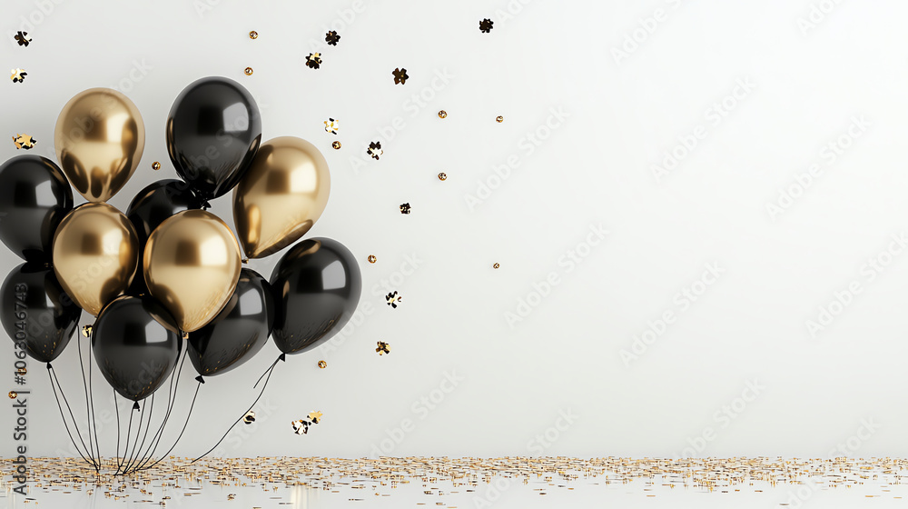 Obraz premium Minimalistic Black and Gold Party Setup with Balloons and Confetti