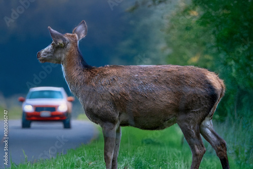 Symbolbild Gefahr durch Wildwechsel: Ein Reh steht an einer Landstraße mit herannahendem PKW (Composing) photo