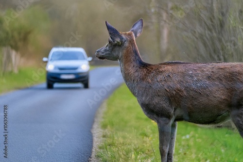 Symbolbild Gefahr durch Wildwechsel: Ein Reh steht an einer Landstraße mit herannahendem PKW (Composing)