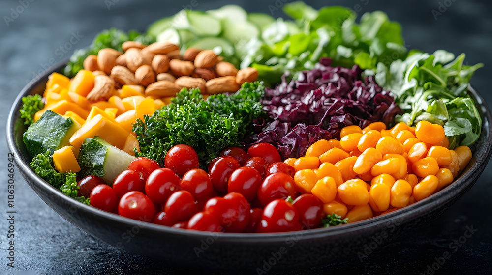 A Vibrant Salad Bowl with Fresh Vegetables, Nuts, and a Variety of Colorful Ingredients
A Vibrant Salad Bowl with Fresh Vegetables, Nuts, and a Variety of Colorful Ingredients