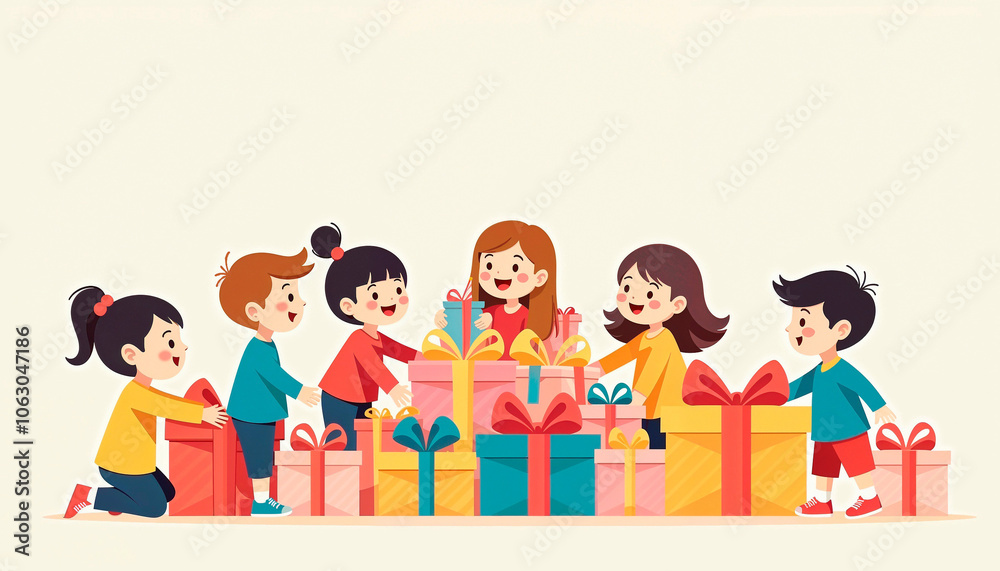 Group of kids exchanging colorful gifts with smiles. Children opening presents for New Year's and Christmas.
Group of kids exchanging colorful gifts with smiles. Children opening presents for New Year's and Christmas.