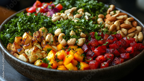 A Vibrant Salad Bowl with Fresh Vegetables, Nuts, and a Variety of Colorful Ingredients 