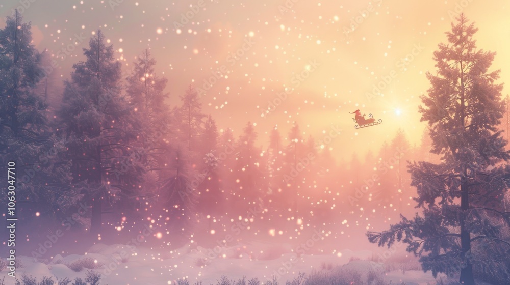 A magical winter forest scene with a red Santa Claus sleigh flying through the air, surrounded by snow and glistening lights. A magical winter forest scene with a red Santa Claus sleigh flying through the air, surrounded by snow and glistening lights.