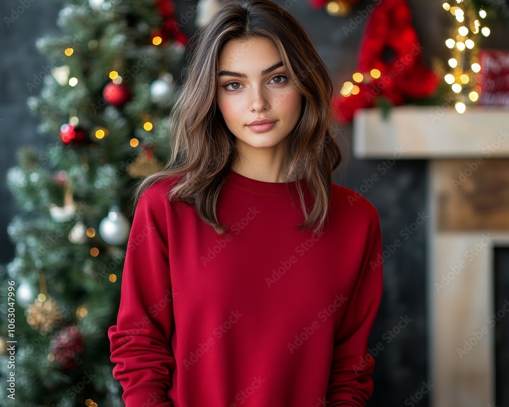 Female model wearing red sweatshirt on New Year's background, New Year's concept, New Year, cristmas Female model wearing red sweatshirt on New Year's background, New Year's concept, New Year, cristmas