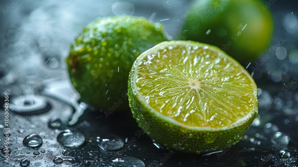 Fresh limes with water droplets, close-up on a sliced half. Vibrant, juicy, and refreshing, perfect for summer. Fresh limes with water droplets, close-up on a sliced half. Vibrant, juicy, and refreshing, perfect for summer.