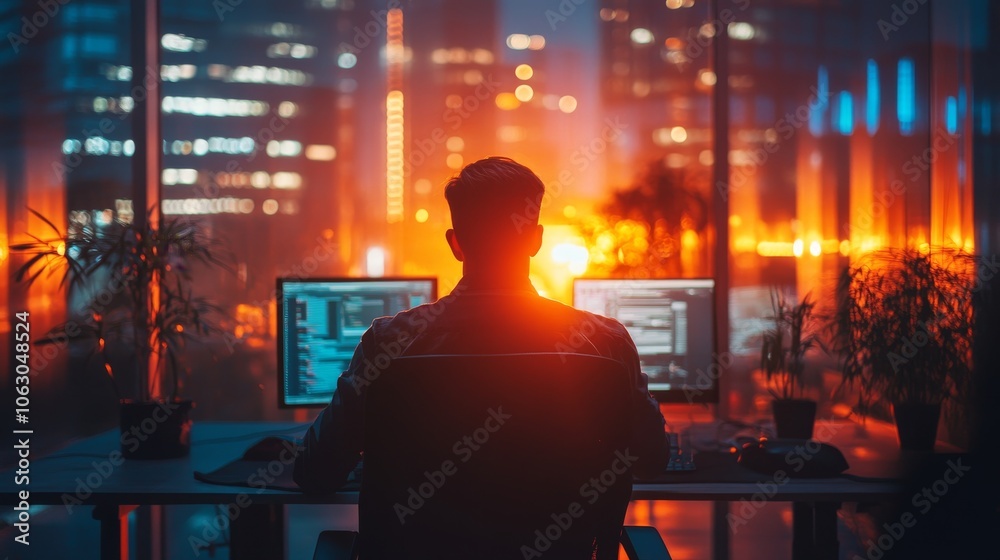 Silhouette of Man Working Late at Night