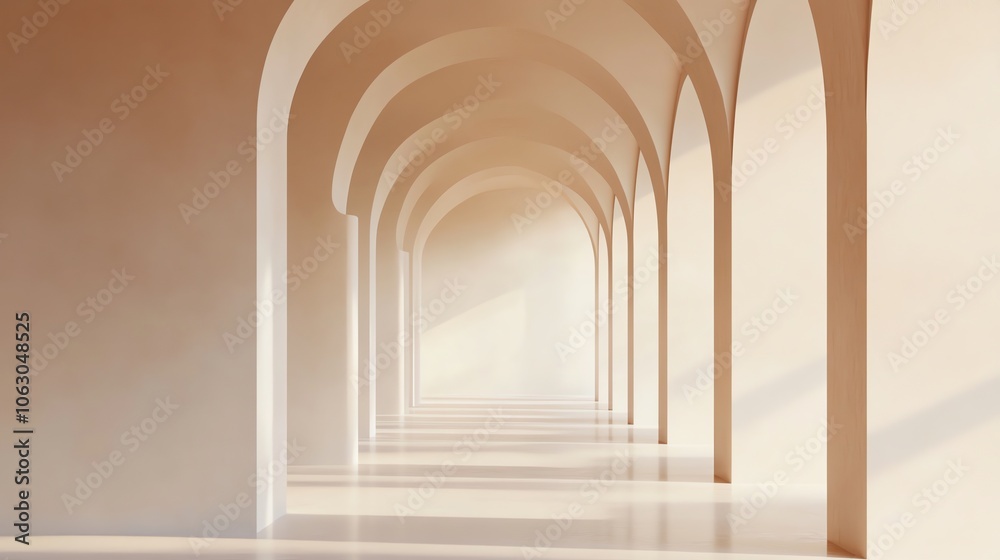 A long, narrow hallway lined with white arches. A long, narrow hallway lined with white arches.