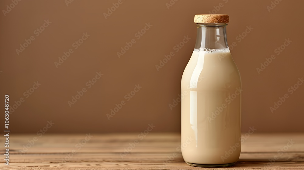 A glass bottle of almond milk on a wooden table with a brown background. A glass bottle of almond milk on a wooden table with a brown background.