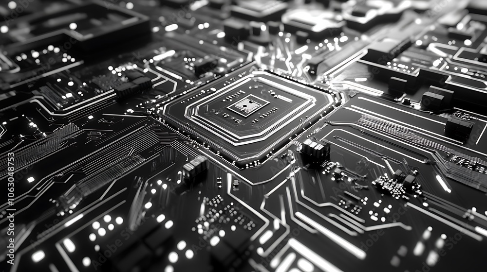 Black and White Circuit Board with Glowing Lines Black and White Circuit Board with Glowing Lines