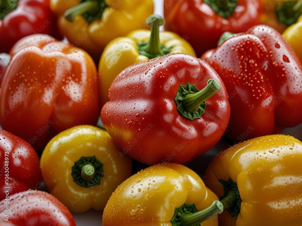 Close up of fresh red and yellow bulgarian pepper. AI generated. Close up of fresh red and yellow bulgarian pepper. AI generated.