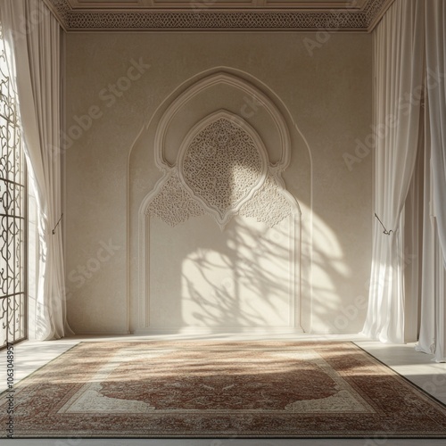 A prayer room with ornate archway, patterned rug and white curtains.