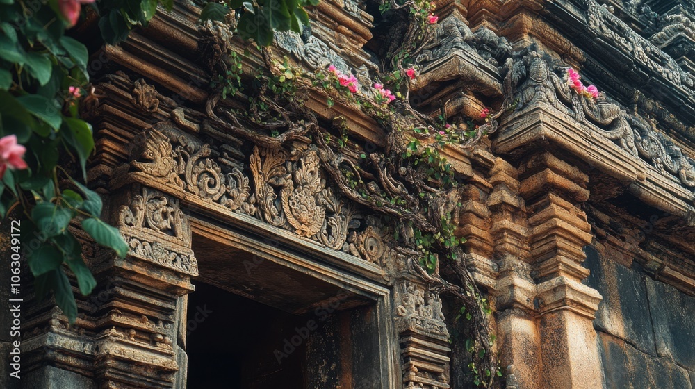 A close-up of intricate temple architecture, adorned with natural A close-up of intricate temple architecture, adorned with natural