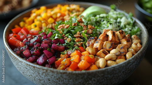 A Vibrant Salad Bowl with Fresh Vegetables, Nuts, and a Variety of Colorful Ingredients 