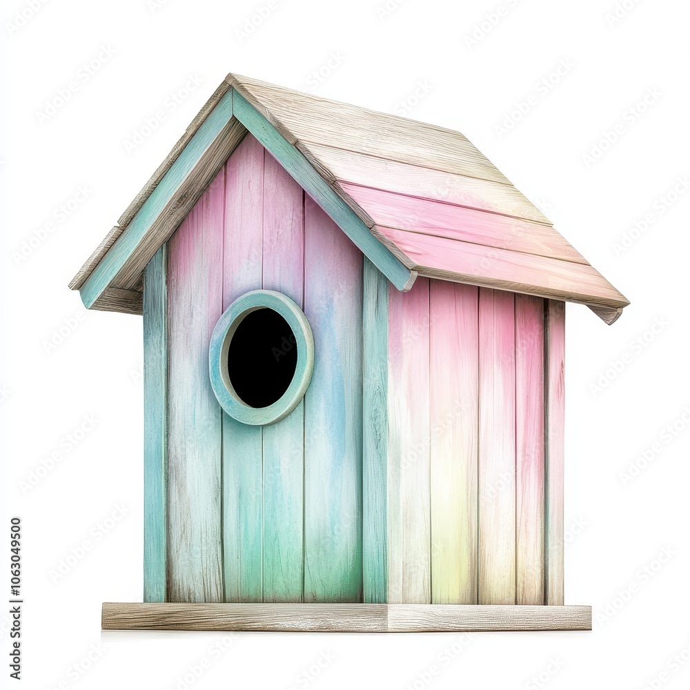 A colorful birdhouse with a pink roof and a blue window A colorful birdhouse with a pink roof and a blue window