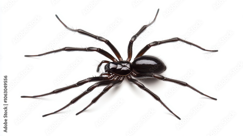 A large black spider is laying on a white background A large black spider is laying on a white background