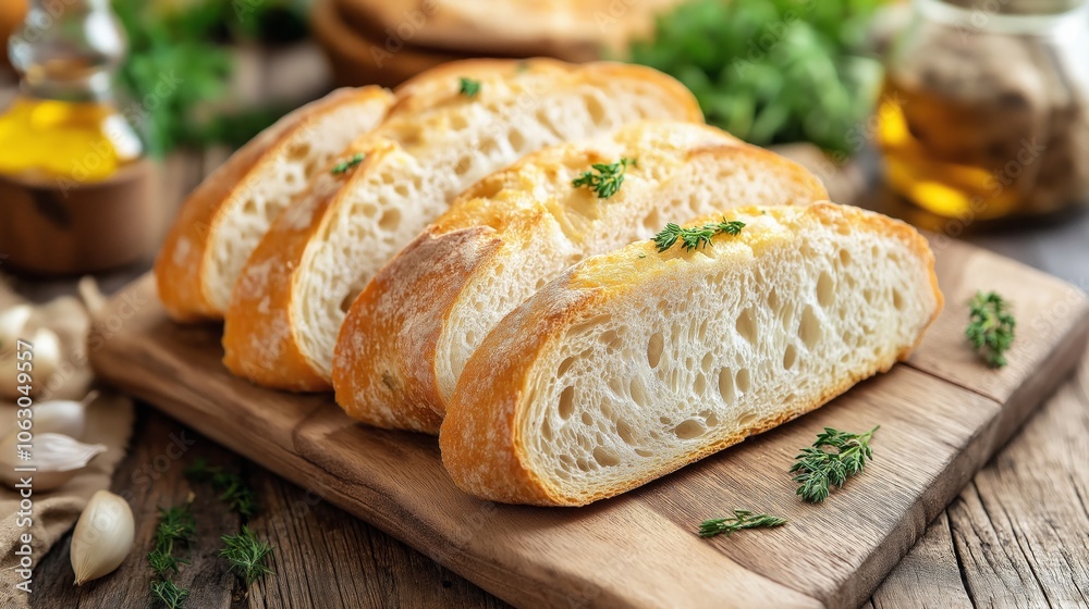 Crusty ciabatta slices on a wooden board with herbs and garlic. Crusty ciabatta slices on a wooden board with herbs and garlic.