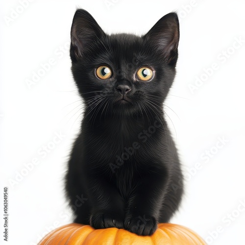 A black kitten is sitting on top of a pumpkin