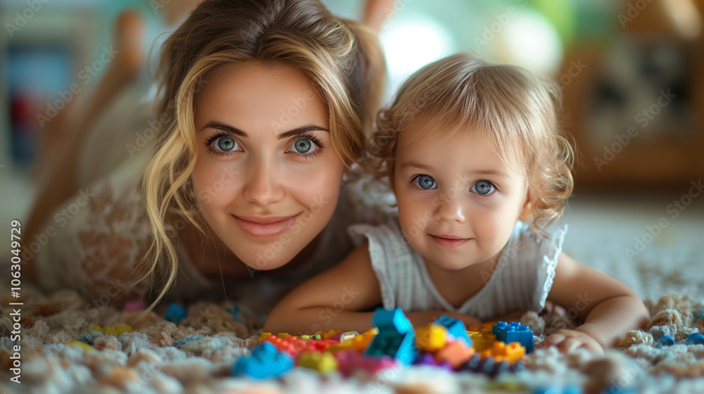 Mother and child lying on a carpet, smiling and playing with colorful blocks in a cozy room. Mother and child lying on a carpet, smiling and playing with colorful blocks in a cozy room.